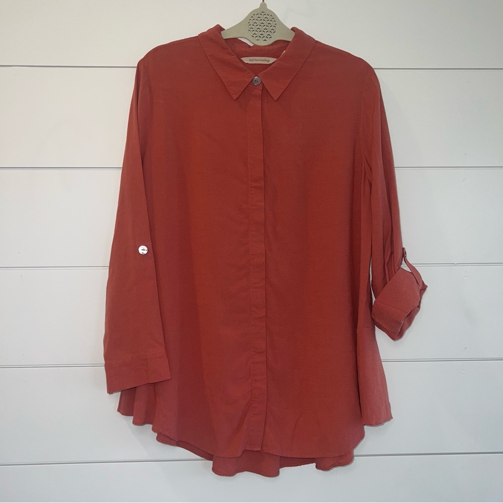 Soft Surroundings Bijalee Tunic Top Medium Dusty Cedar Roll Tab Sleeve Lagenlook